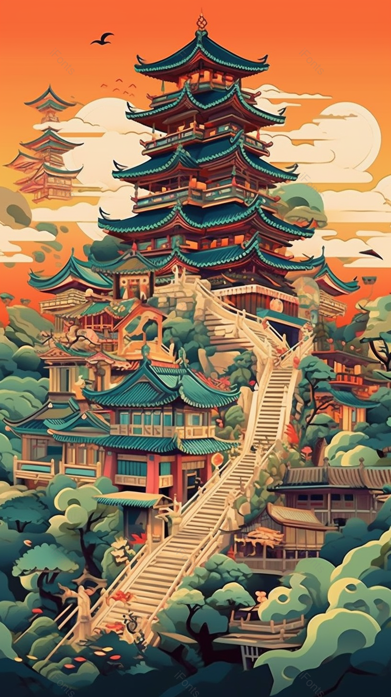 中国风亭台楼阁建筑手绘背景,插画/手绘图,插画/手绘图库,插画/手绘图下载,插画/手绘